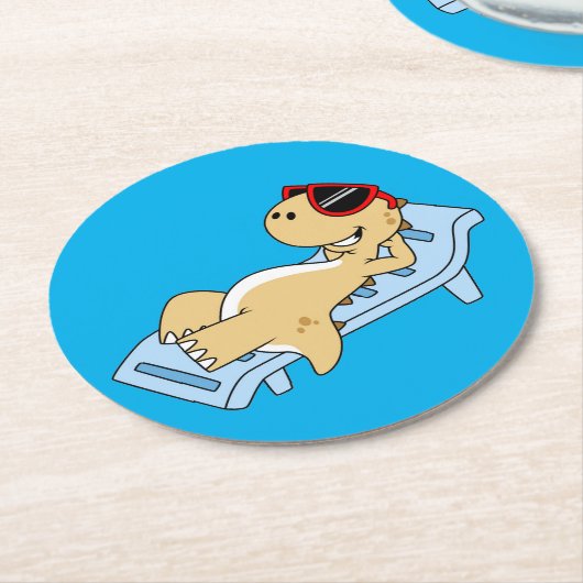 日光浴ティラノサウルスレックスのイラストレーション。 ラウンドペーパーコースター (アングル)