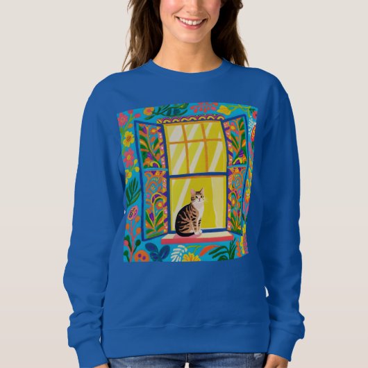 日向の窓辺のタビー猫Tシャツ | カラフルな花 スウェットシャツ (正面)