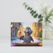 日向の街でアイスクリームを楽しむカラス ポストカード (スタンド正面)