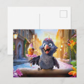 日向の街でアイスクリームを楽しむカラス ポストカード (正面/裏面)