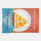 日図解入りの、写真付きの入り時に水上に帆船 キッチンタオル (横)