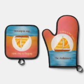 日図解入りの、写真付きの入り時に水上に帆船 鍋つかみ&鍋敷きセット (正面)