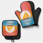 日図解入りの、写真付きの入り時に水上に帆船 鍋つかみ&鍋敷きセット (正面/裏面)