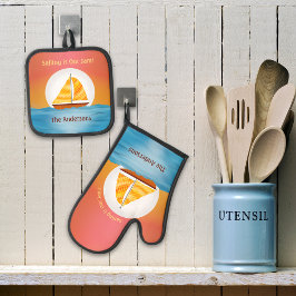 日図解入りの、写真付きの入り時に水上に帆船 鍋つかみ&鍋敷きセット