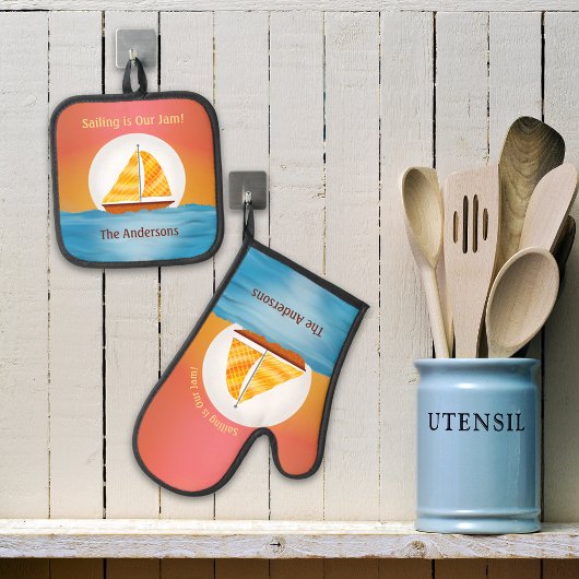 日図解入りの、写真付きの入り時に水上に帆船 鍋つかみ&鍋敷きセット