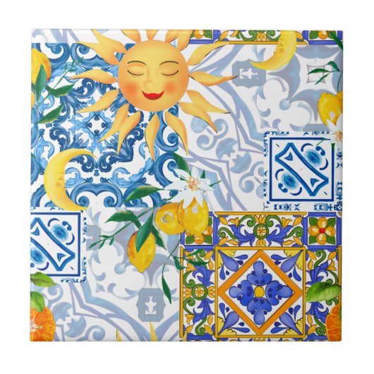 日地中海の花レモン半月 タイル (正面)