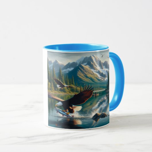日威厳のある出20x16で魚を捕るワシ マグカップ (正面右)