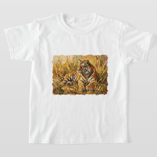 日差しに輝く黄金の草原に佇むインパストタイガー Tシャツ (レイダウン)