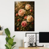 日差しのバラの油絵 - ビンテージの花の壁のアート ポスター (ホームオフィス)