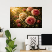 日差しのバラの油絵 - ビンテージの花の壁掛けアート ポスター (ホームオフィス)