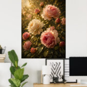 日差しの薔薇の油絵 – ビンテージの花の壁掛けアート ポスター (ホームオフィス)