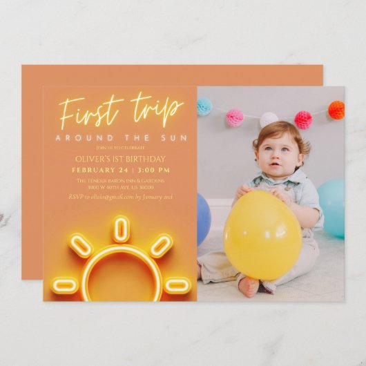 日帰りのまわりに最初の旅行の写真1日の誕生日 招待状 (正面/裏面)