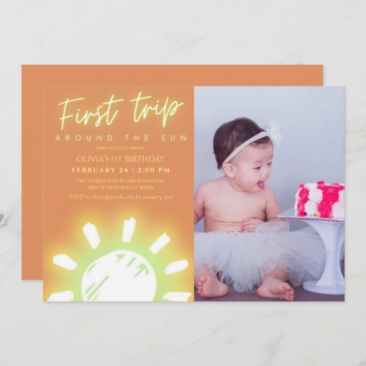 日帰りのまわりに最初の旅行の写真1日の誕生日 招待状 (正面/裏面)