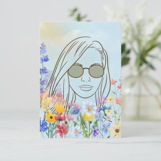 日当たりの良いガーデンカードにサングラスを持つ女の子 サンキューカード (スタンド正面)
