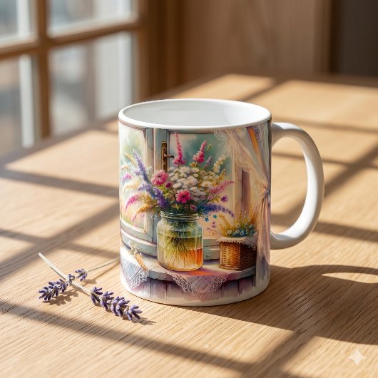 日当たりの良いコテージの窓辺の野の花 コーヒーマグカップ