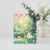 日当たりの良い桜の果樹園の白いうさぎ ポストカード (スタンド正面)