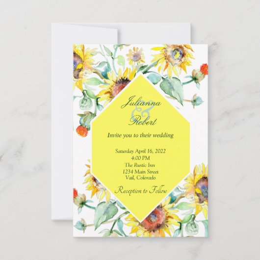 日当たりの良い水の色ひまわり結婚の花 招待状 (正面)