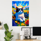 日当たりの良い牧草地で休むかわいい黒白の猫 ポスター (ホームオフィス)