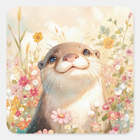 日当たりの良い牧草地で微笑むかわいい赤ちゃんカワウソ スクエアシール (正面)