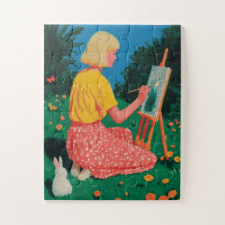 日当たりの良い草原のイーゼルで絵を描く少女 ジグソーパズル