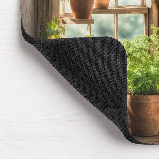 日当たりの良い農家の窓に鉢植え マウスパッド (コーナー)