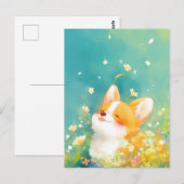 日当たりの良い黄色い花の草原で微笑むコーギーの子犬 ポストカード (正面/裏面)