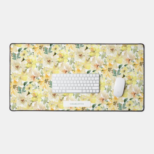 日当たりの良い黄色の水色の花模様スパイラル デスクマット (キーボード&マウス)