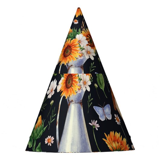 日当素朴たりの良い水色ひまわり模様 パーティーハット (正面)