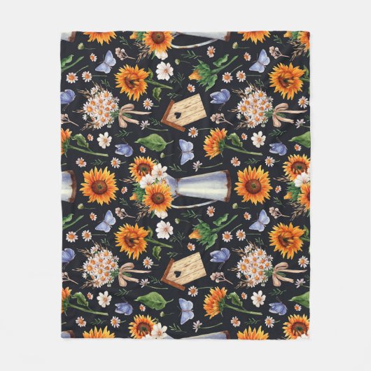 日当素朴たりの良い水色ひまわり模様 フリースブランケット (正面)