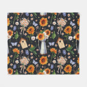 日当素朴たりの良い水色ひまわり模様 フリースブランケット (正面(横))