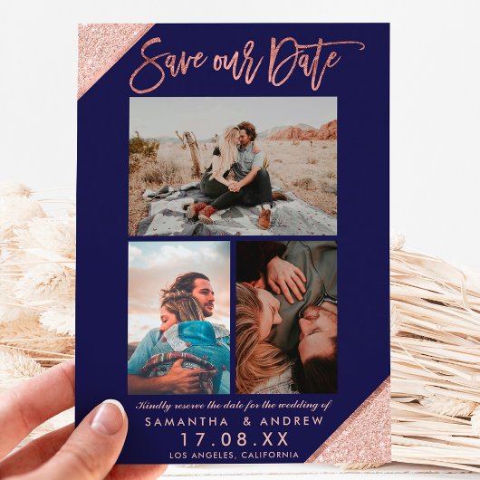 日救付バラ金ゴールドネイビー写真グリッドコラージュ 案内ポストカード