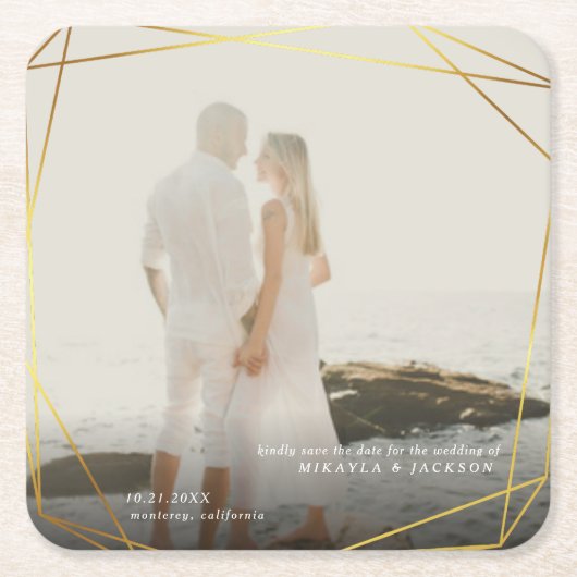 日救付幾何金ゴールドプリズムフォトフレーム スクエアペーパーコースター (正面)