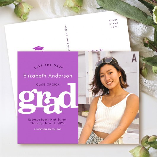 日救付紫の卒業写真のはっきりしたタイポグラフィ インビテーションポストカード