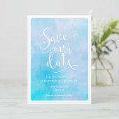 日救付結婚式招待状青い水色 セーブザデート (スタンド正面)