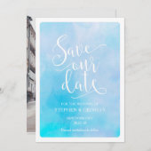 日救付結婚式招待状青い水色 セーブザデート (正面/裏面)