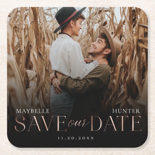 日救付 | ブラック&バラ金ゴールドカップル写真 スクエアペーパーコースター (正面)