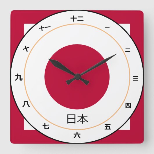 日日本の本ファッションデザイン漢字時計日本国旗 スクエア壁時計 (正面)