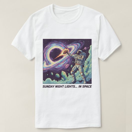"日曜の夜のライト…宇宙へ" 宇宙フットボール Tシャツ (デザイン正面)