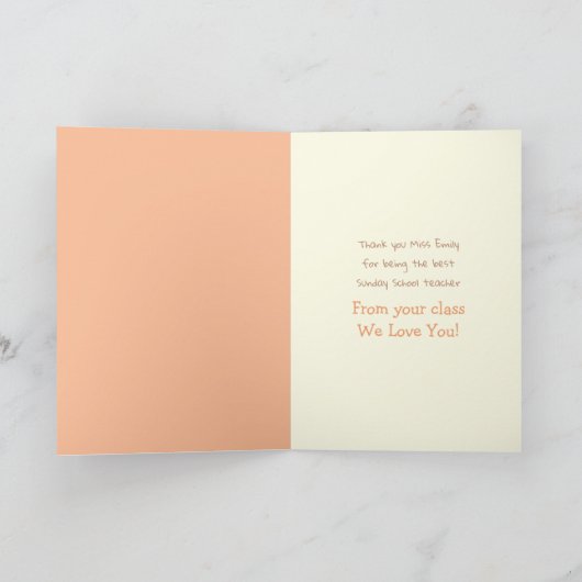 日曜学校の教師が子供たちを訓練し、聖書を学ぶ小さな鶏たち サンキューカード (内部)