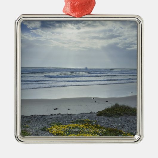 日曜日の黄色い花およびビームが付いているスペインの海岸線 メタルオーナメント (正面)