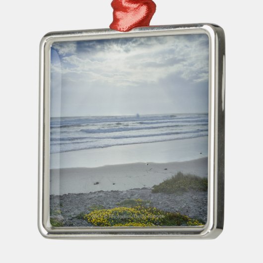 日曜日の黄色い花およびビームが付いているスペインの海岸線 メタルオーナメント (左)