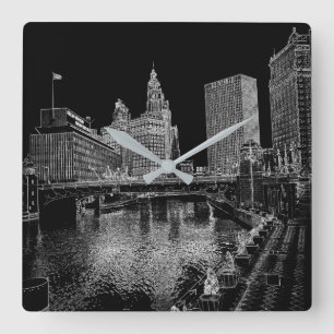 日曜日を造っているChicago川は1967年のリグリーBldgを時間を計ります スクエア壁時計