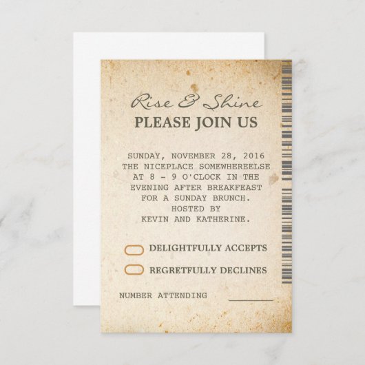 日曜日ブランチ追加ウェディングRSVPカード 招待状 (正面/裏面)