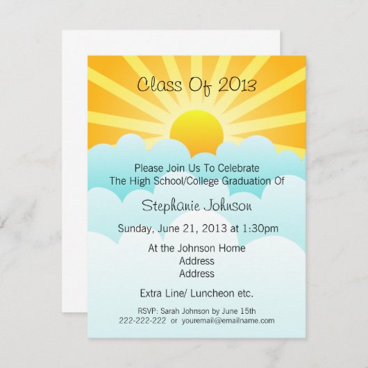 日曜日光線および雲の新しい始めの卒業パーティー 招待状 (正面/裏面)