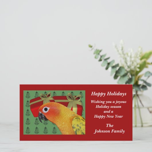 日曜日Conureのオウムの動物のクリスマスの休日カード シーズンカード (スタンド正面)