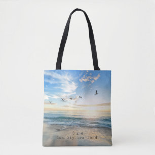 日曜日Sky。 海。 砂。 ビーチ場面 トートバッグ