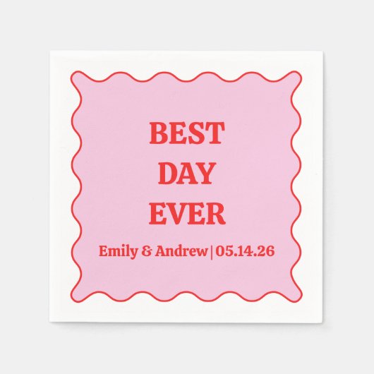 日最高の付きピンクと赤のスカロップカスタムウェディング スタンダードカクテルナプキン (正面)