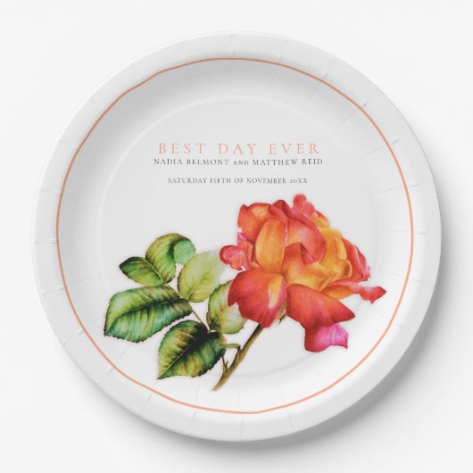 日最高の前オレンジ色の赤いバラの水結婚色 ペーパープレート (正面)
