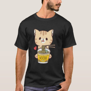 日本のうどんスープ麺料理を食べる猫 うどん Tシャツ