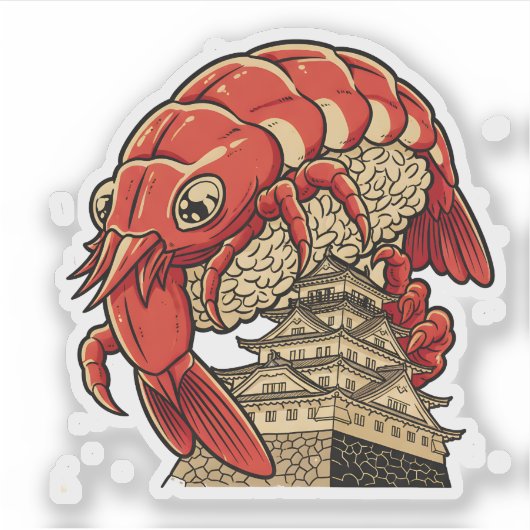 日本のお城アートデザインの上の可愛いエビ寿司 シール (正面)